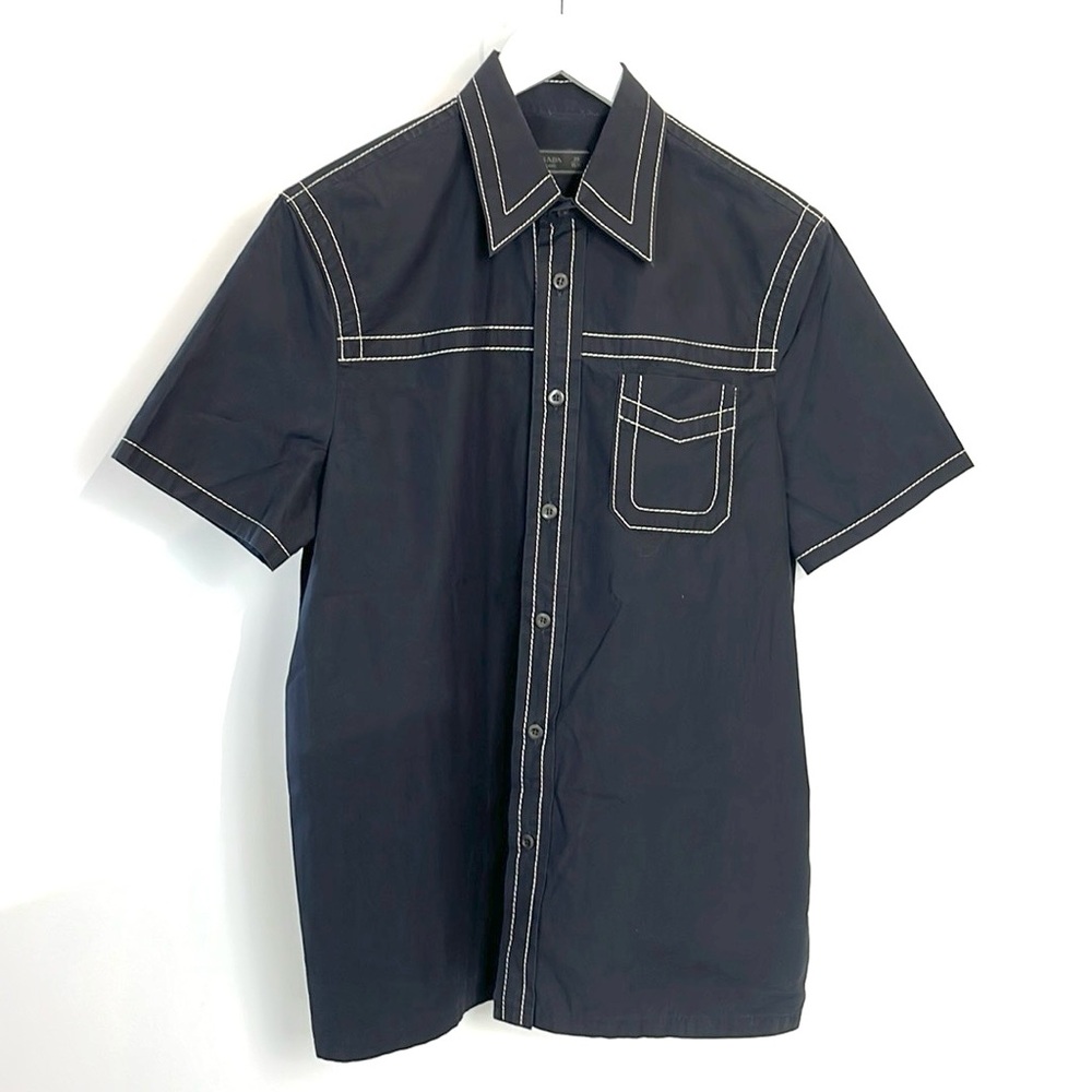 Prada SS/15 Navy Topstitched Buttoned Short-Sleeve Shirt